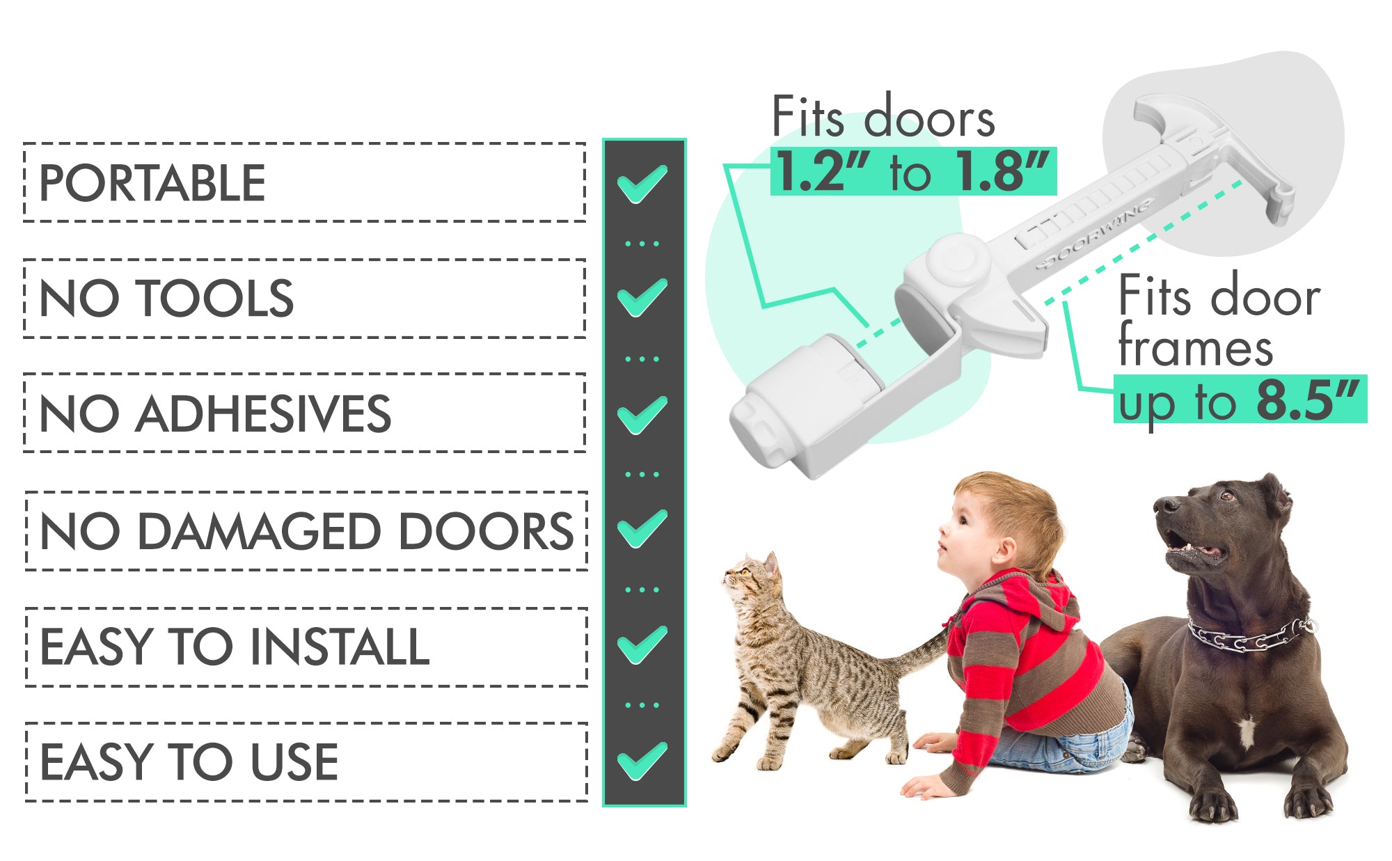 DOORWING portable door lock and door stopper for pet proofing child proofing baby proofing dog proofing cat proofing doors finger pinch guard